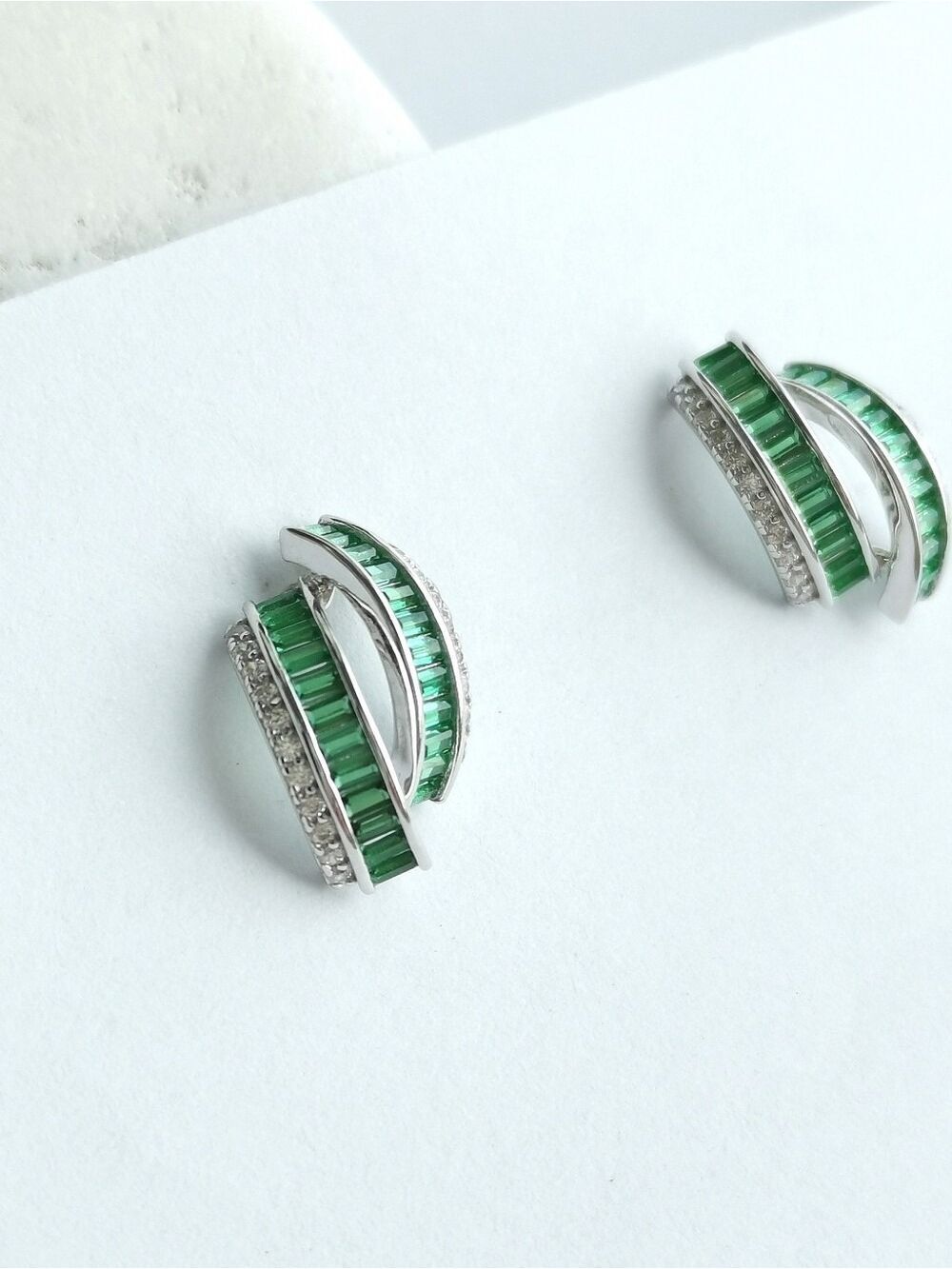 Emerald Cz Art Deco Crescent Stud  earrings 14k white gold Overlay 🆕